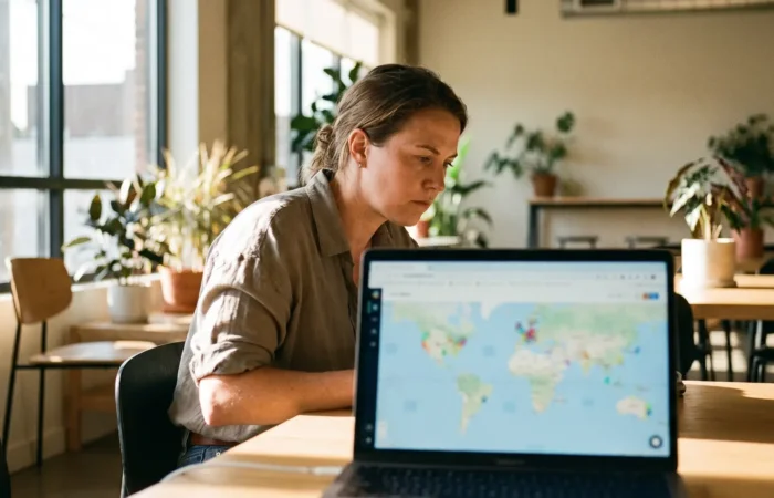 Bright modern Lubbock office with a marketer at a laptop reviewing a local map search result, screen deliberately blurred with no readable text