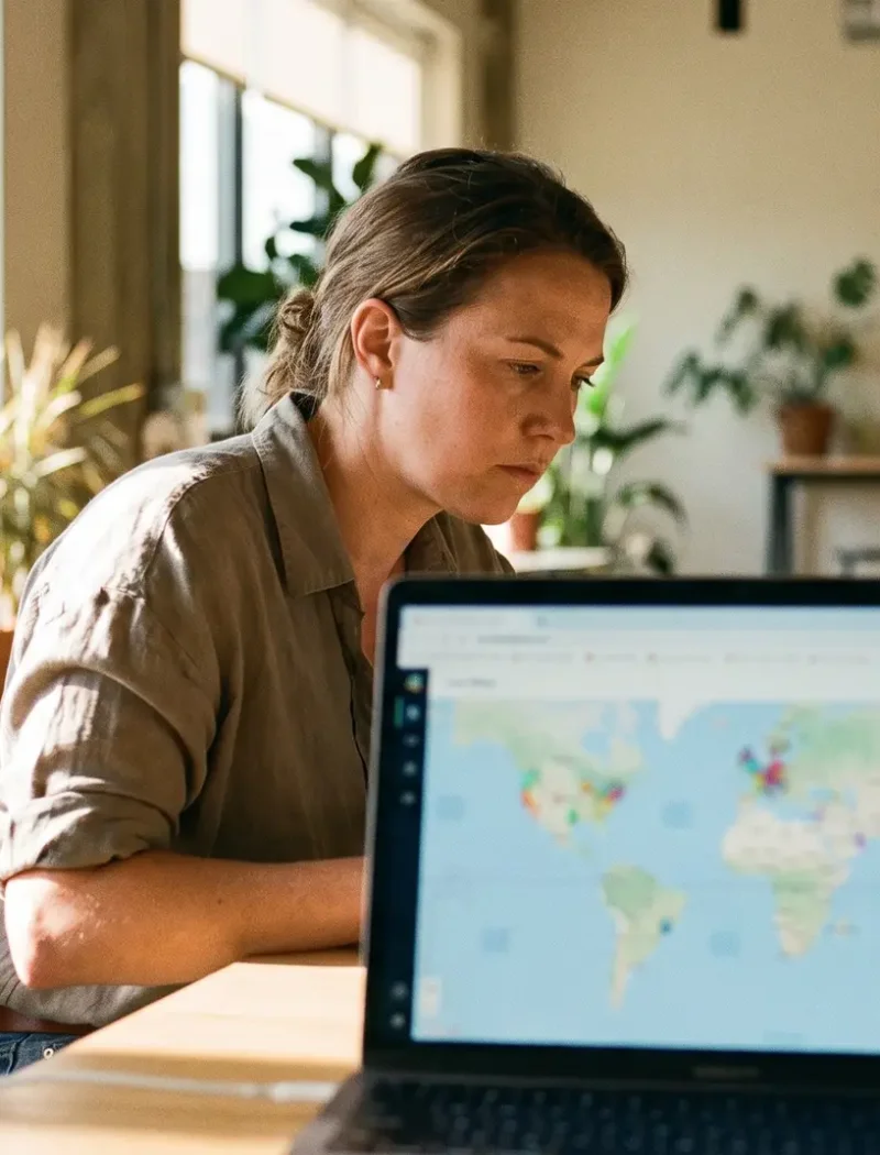 Local SEO for Lubbock Businesses: How to Own the Map Pack 14 Bright modern Lubbock office with a marketer at a laptop reviewing a local map search result, screen deliberately blurred with no readable text