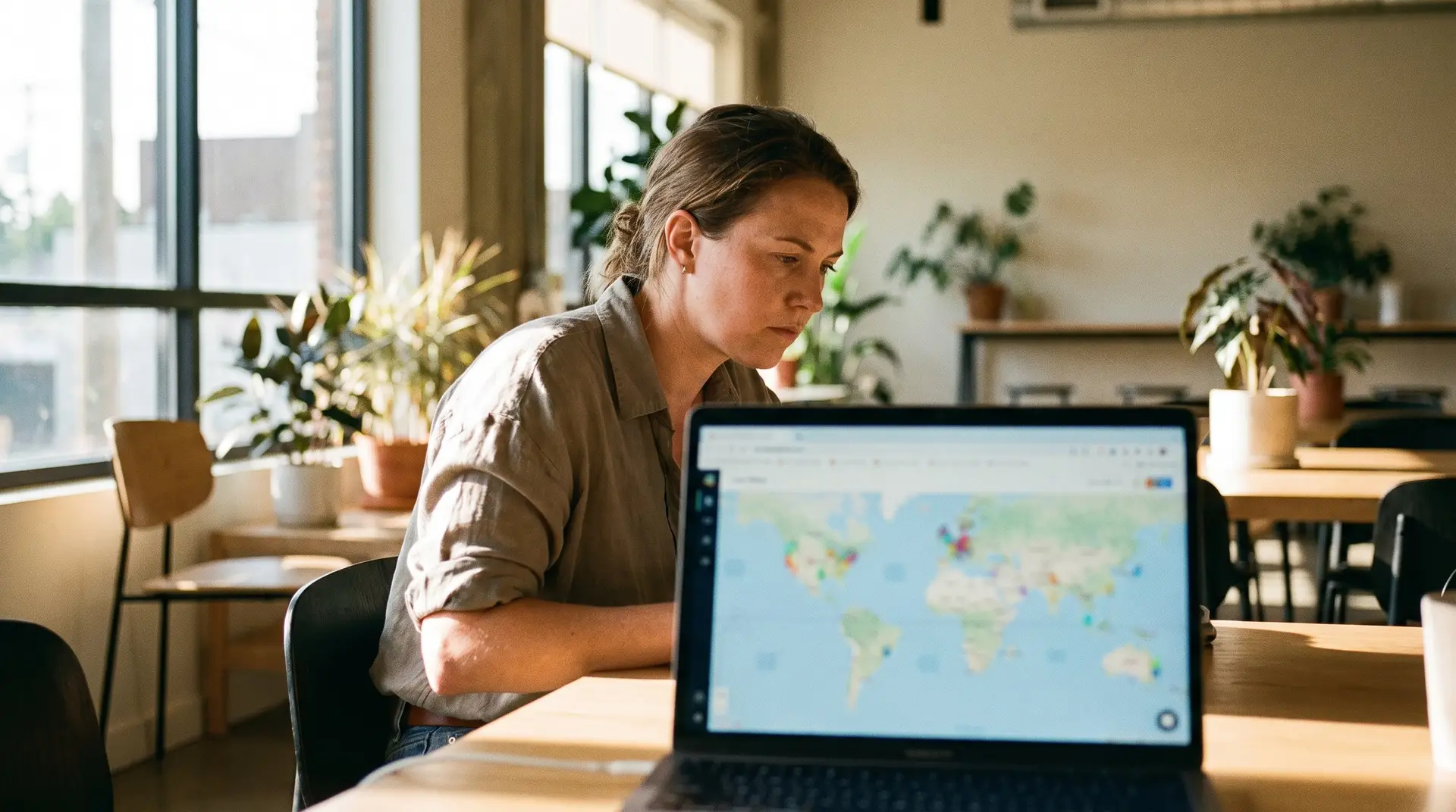 Bright modern Lubbock office with a marketer at a laptop reviewing a local map search result, screen deliberately blurred with no readable text