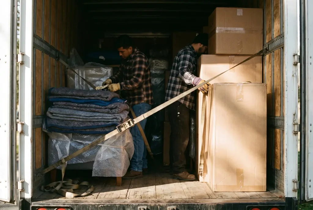 Lubbock movers securing wrapped furniture inside a long-distance moving truck for a statewide move