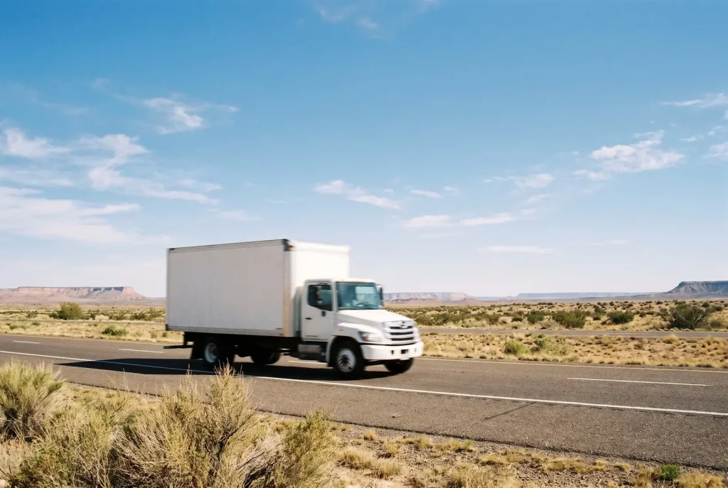 Moving truck driving down a Texas highway during a long-distance move from Lubbock