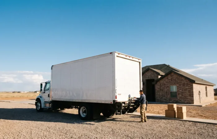 Long-distance moving truck loaded by a Lubbock crew ready to travel across Texas under a wide blue sky