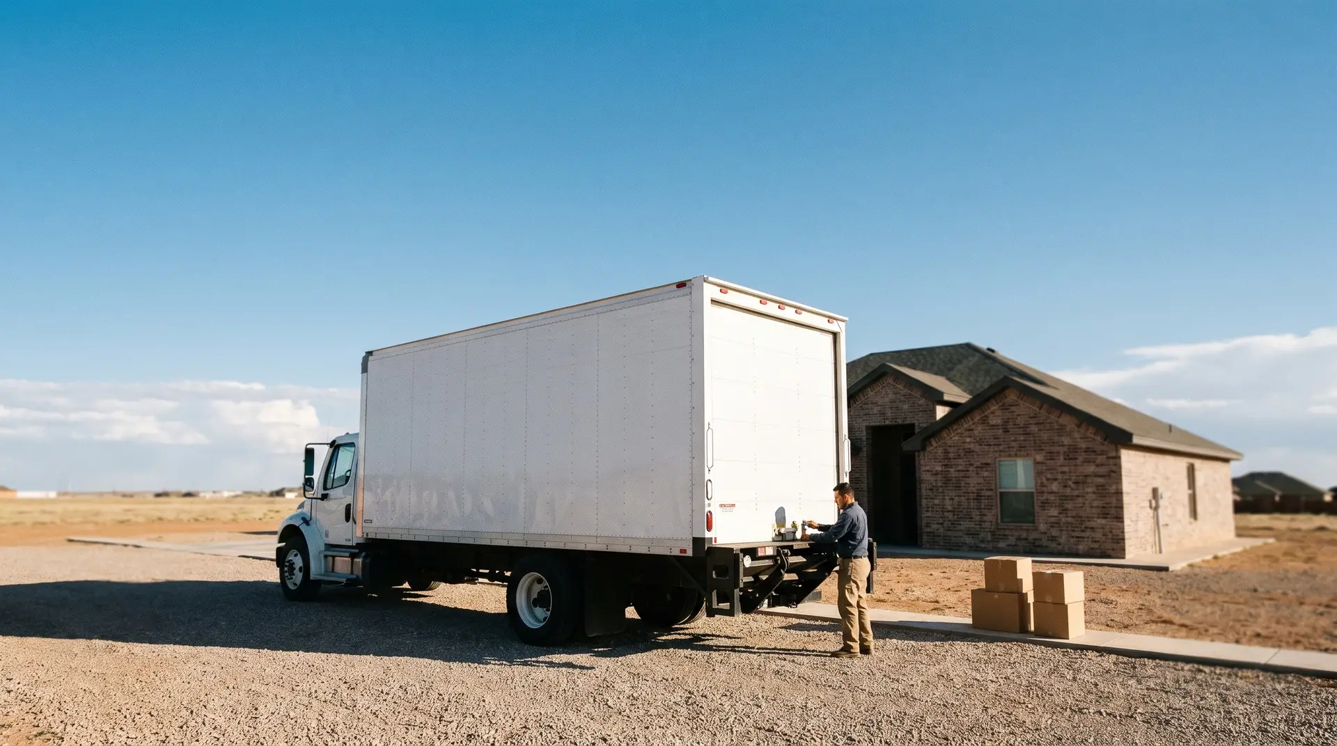 Long-distance moving truck loaded by a Lubbock crew ready to travel across Texas under a wide blue sky