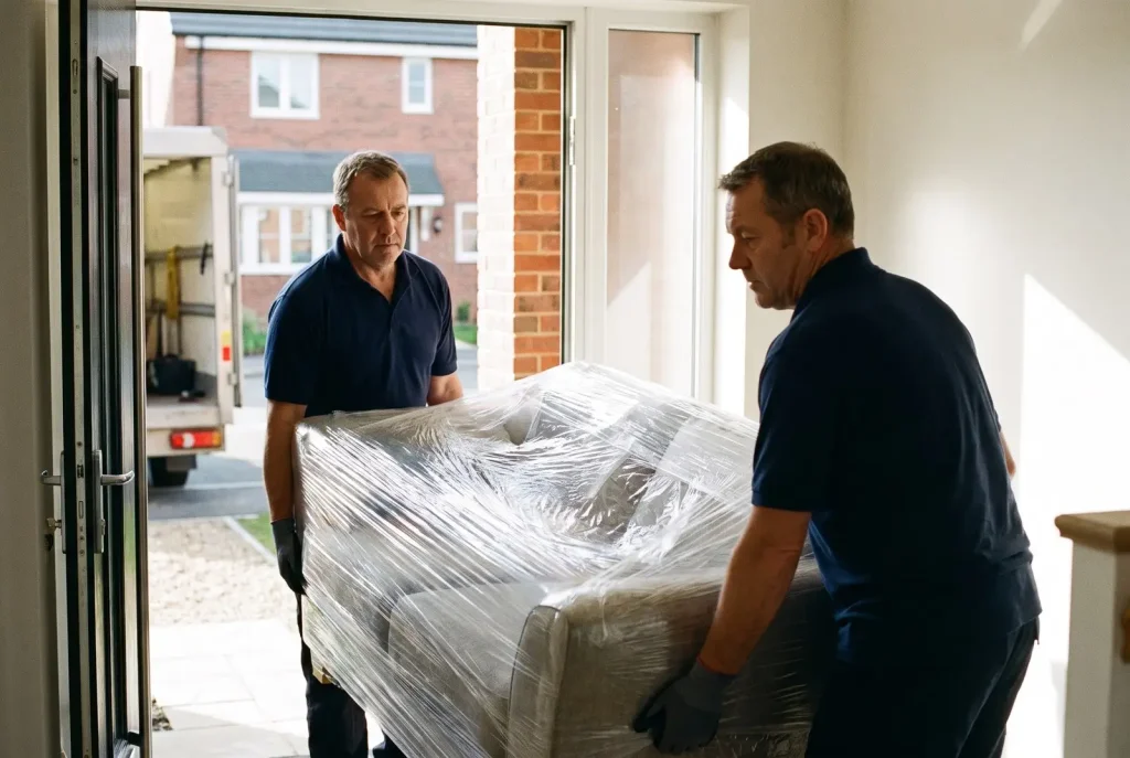 Two professional Lubbock movers carefully carrying a wrapped sofa into a modern home