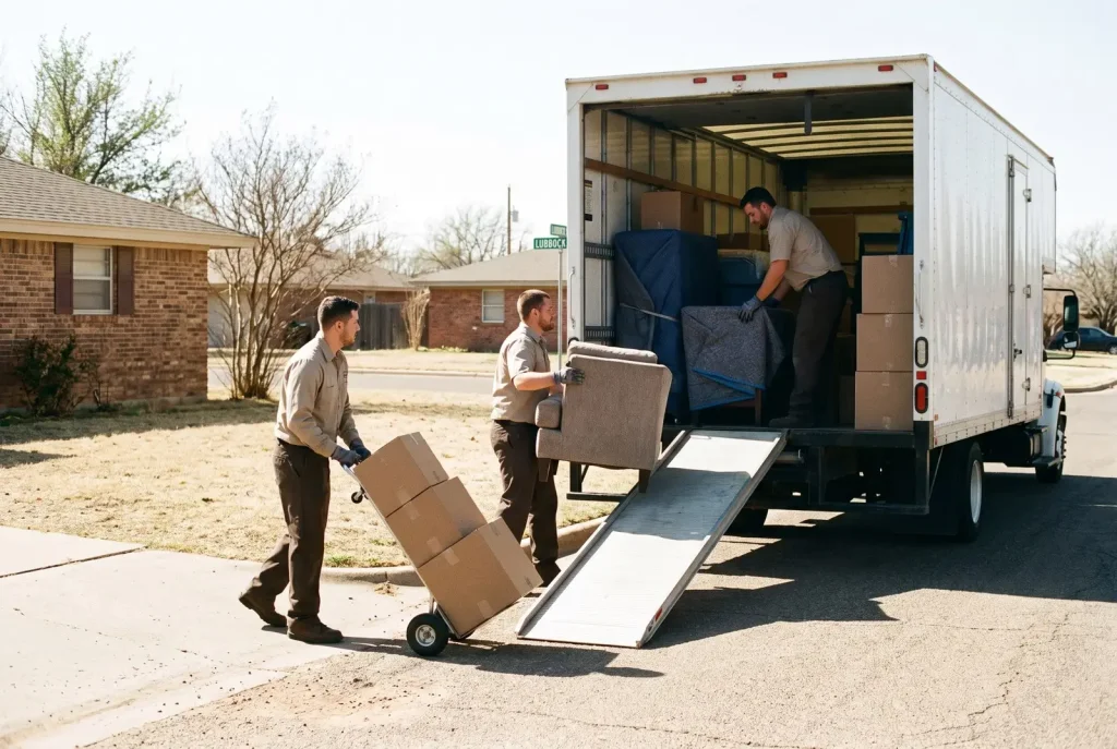 Uniformed Lubbock moving crew loading labeled boxes and furniture into a clean moving truck
