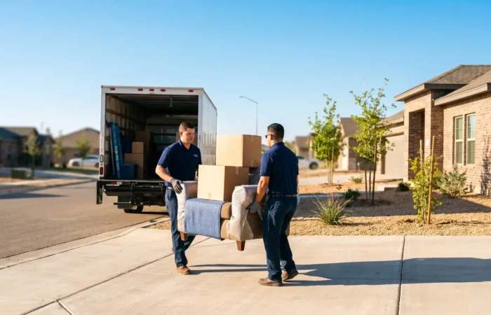 Professional Lubbock movers in matching uniforms carrying boxes from a moving truck into a modern brick home on a bright day
