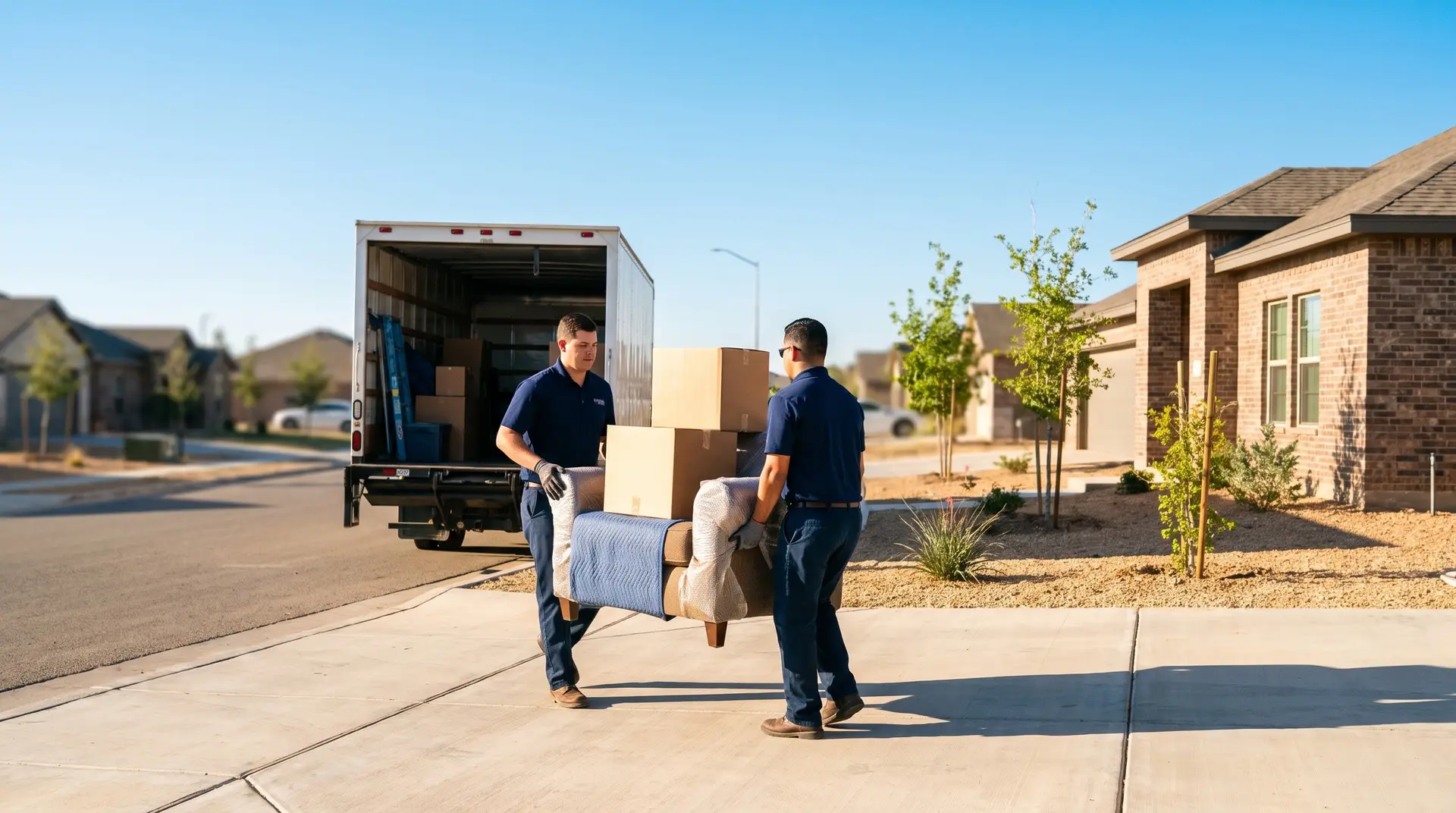 Professional Lubbock movers in matching uniforms carrying boxes from a moving truck into a modern brick home on a bright day