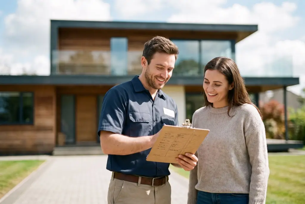 Lubbock mover reviewing a written hourly moving estimate with a customer on a clipboard