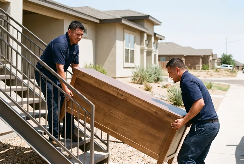 Movers carrying a dresser down an exterior staircase, showing how access affects moving cost