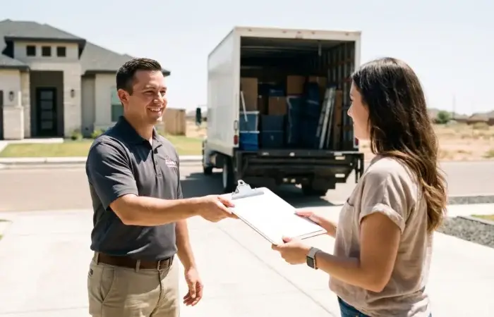 Lubbock mover handing a clear written moving estimate to a homeowner beside a loaded moving truck