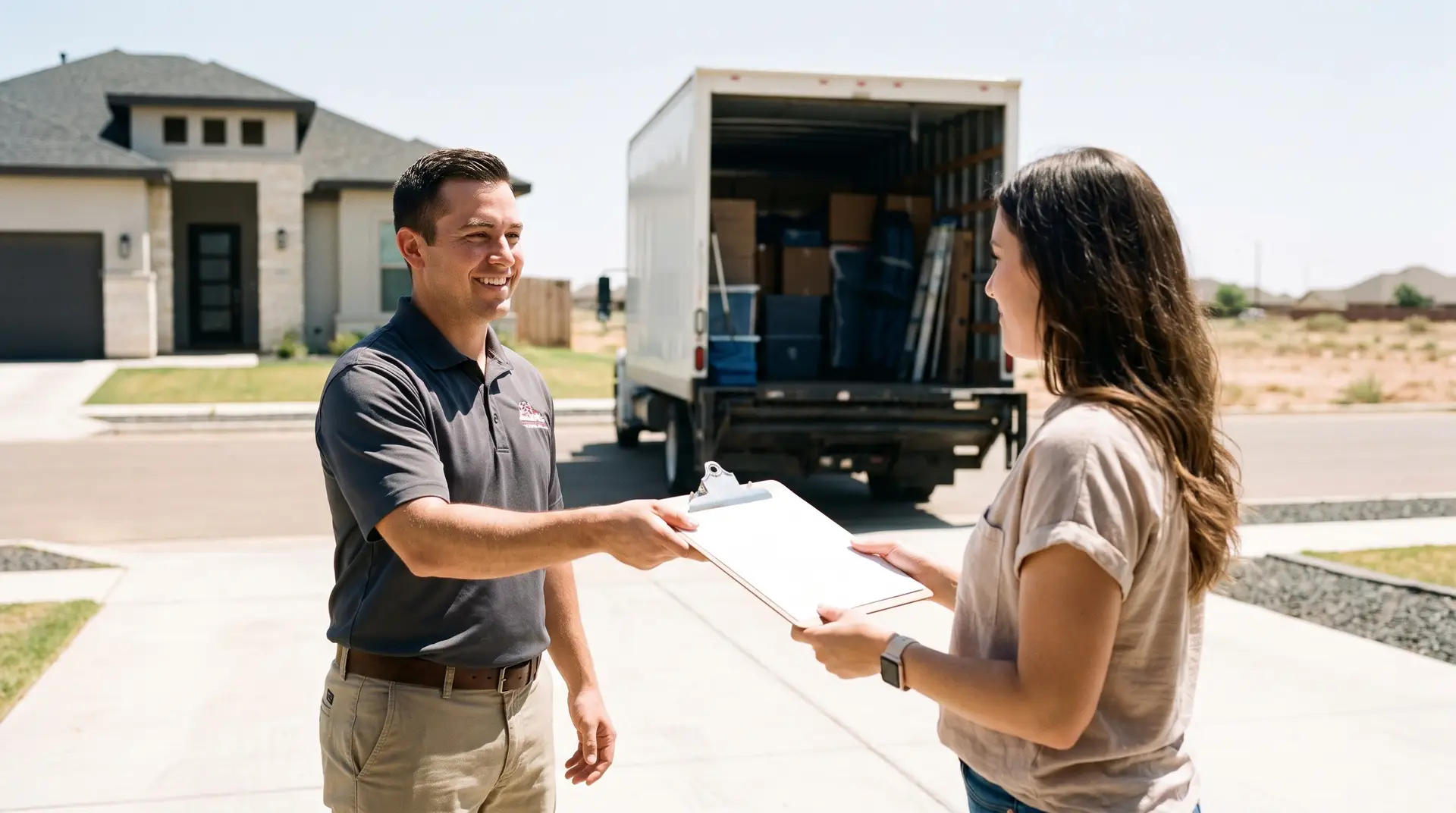 Lubbock mover handing a clear written moving estimate to a homeowner beside a loaded moving truck