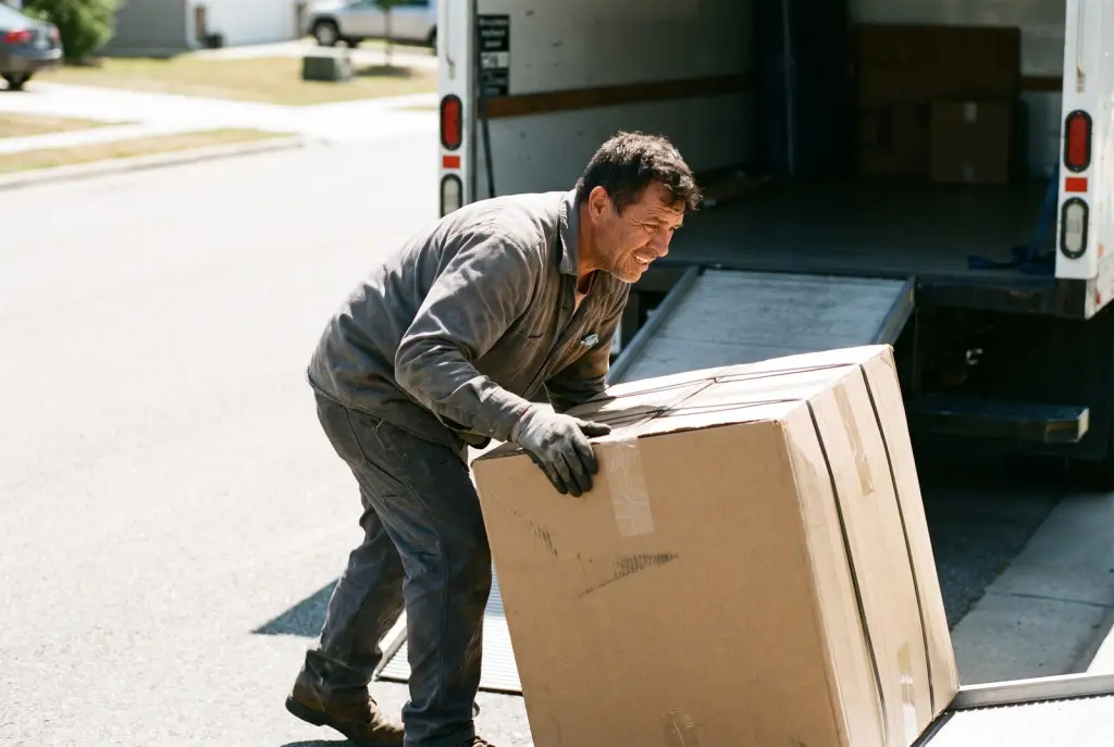 Hired Lubbock moving laborer carrying a boxed appliance up a ramp into a rental truck