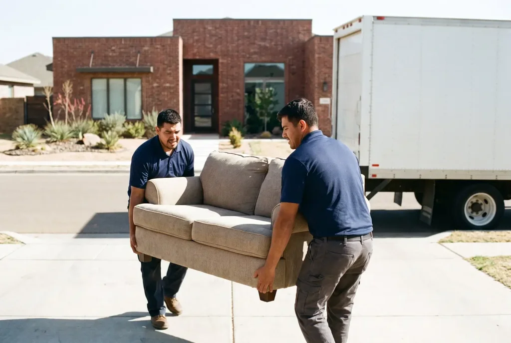 Two moving laborers carrying a heavy couch down a driveway to a rental truck in Lubbock