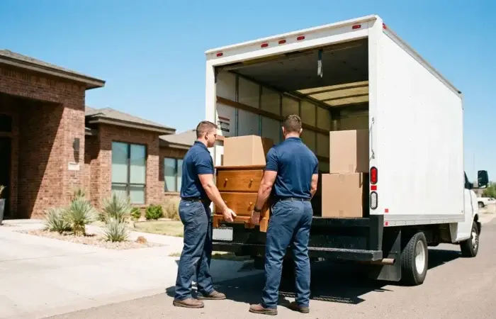 Two hired moving laborers in Lubbock loading a rental truck with furniture outside a modern home