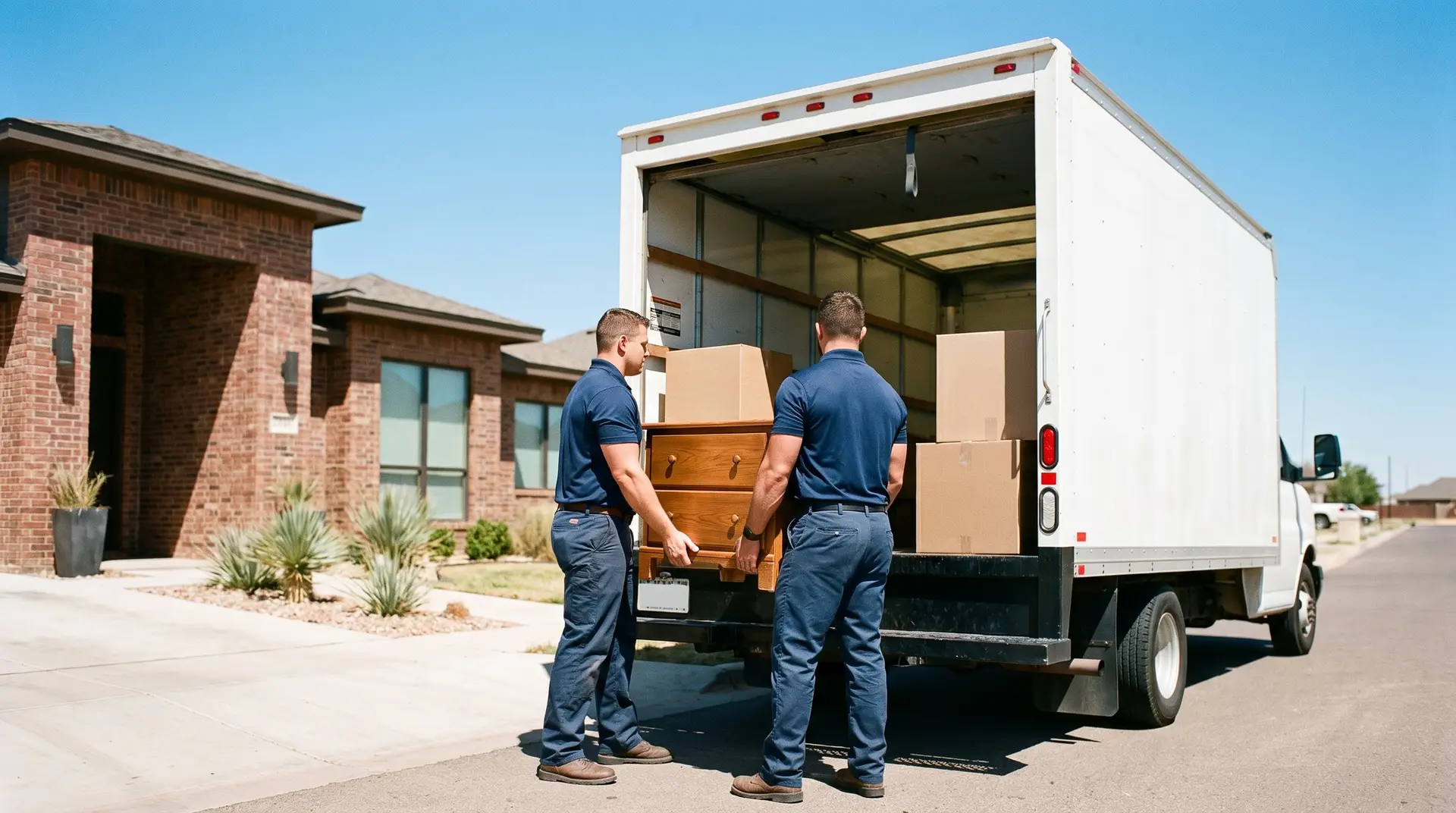 Two hired moving laborers in Lubbock loading a rental truck with furniture outside a modern home