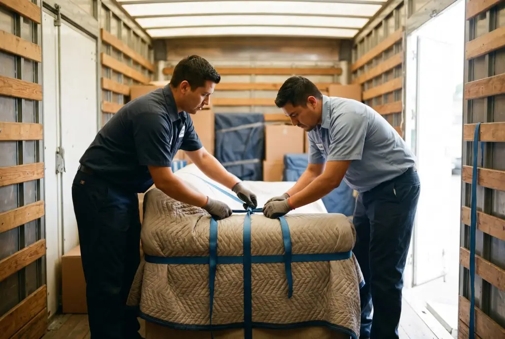 Out-of-state movers from Lubbock in matching uniforms carefully loading inventoried boxes into a long-haul moving truck outside a modern home