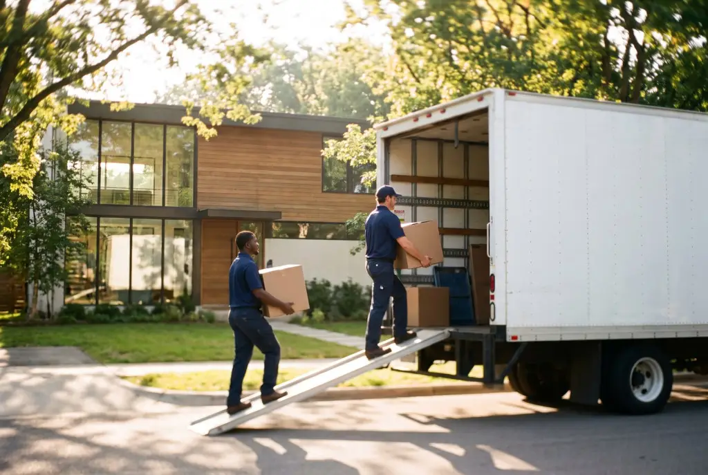Interstate movers Lubbock team in matching uniforms securing wrapped furniture inside a clean long-distance moving truck for a cross-country haul