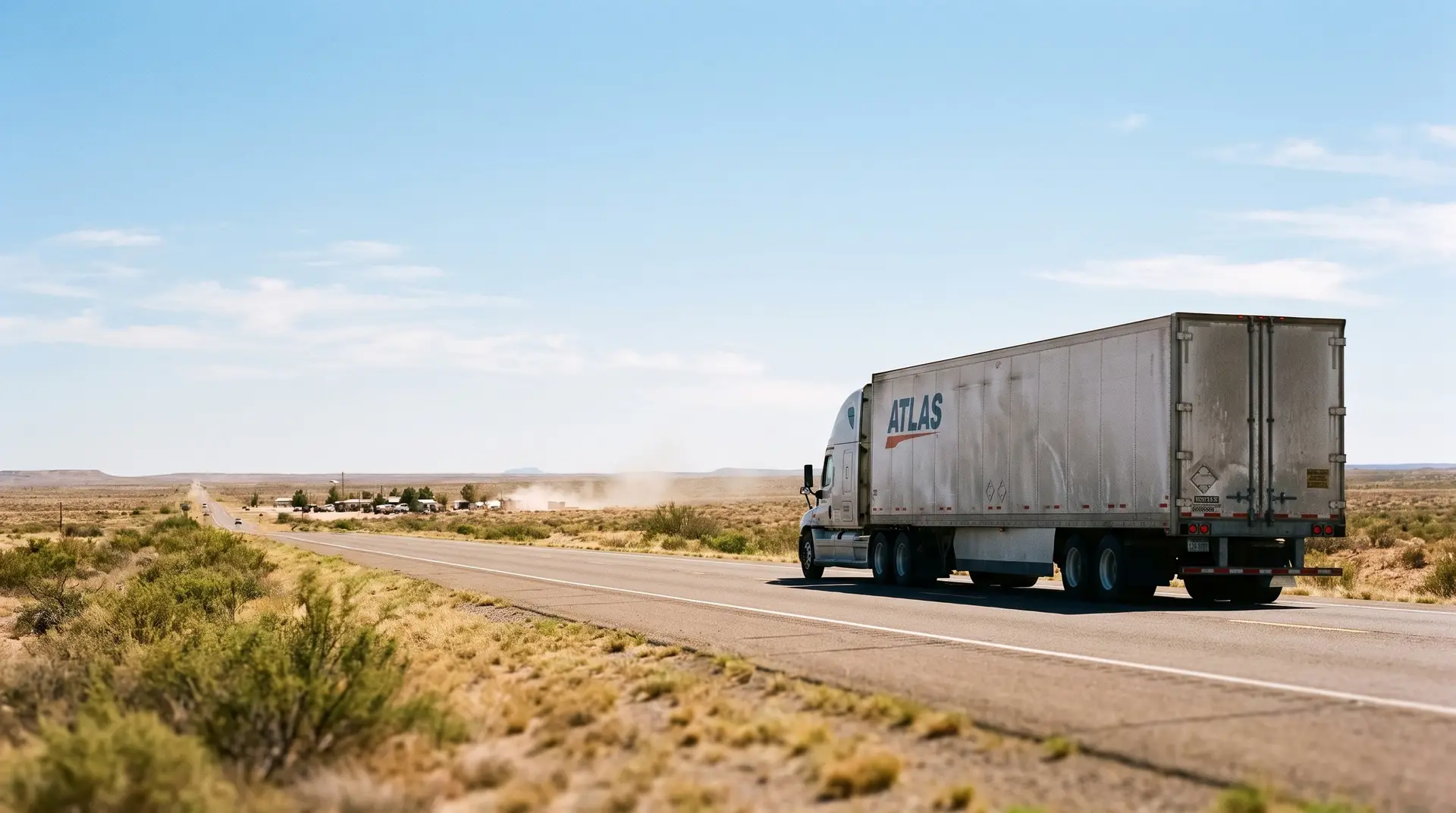 Professional uniformed out-of-state movers from Lubbock loading a clean long-haul moving truck outside a modern home under a bright blue sky