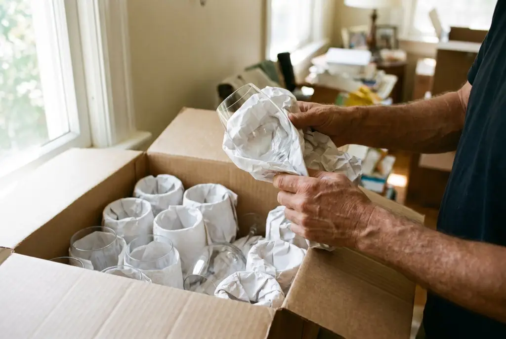 Professional Lubbock packer wrapping glassware in packing paper before boxing it
