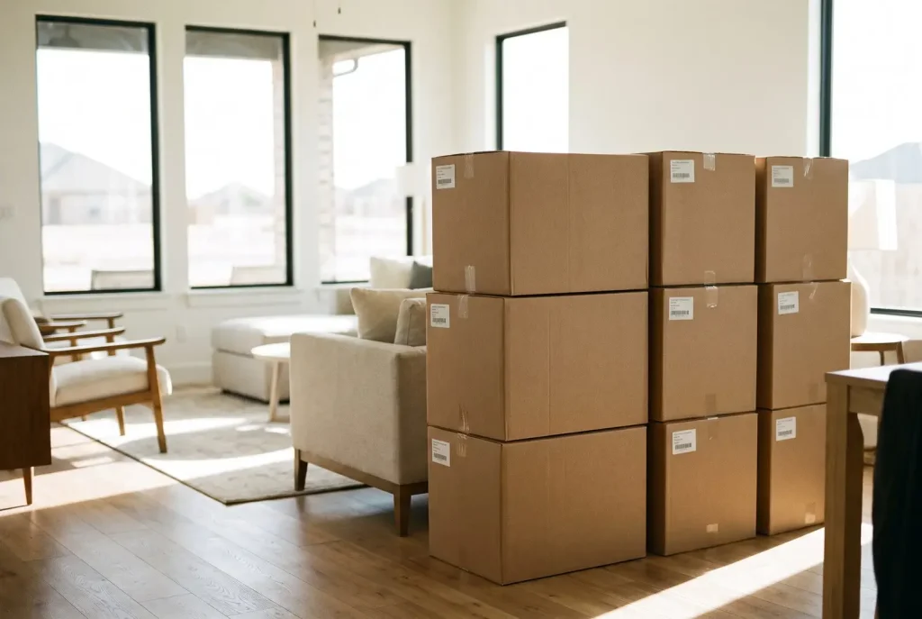 Neatly labeled moving boxes stacked and ready to load after professional packing in a Lubbock home