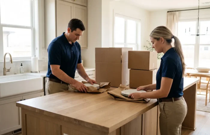 Professional packers in Lubbock wrapping dishes and packing labeled boxes in a bright modern kitchen