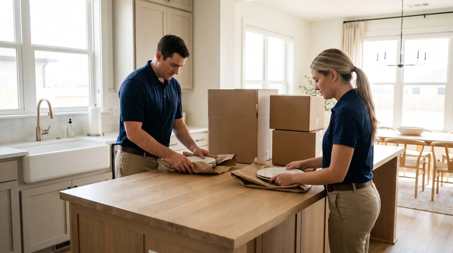 Professional packers in Lubbock wrapping dishes and packing labeled boxes in a bright modern kitchen
