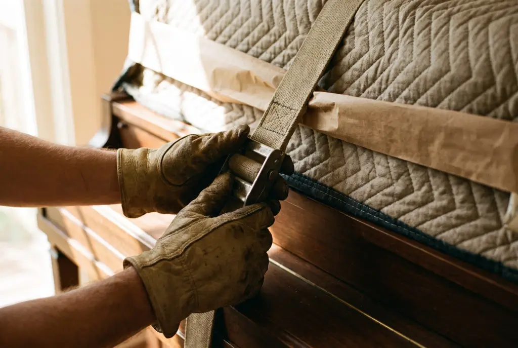 Close-up of gloved hands securing moving straps and quilted padding around an upright piano before a move in Lubbock