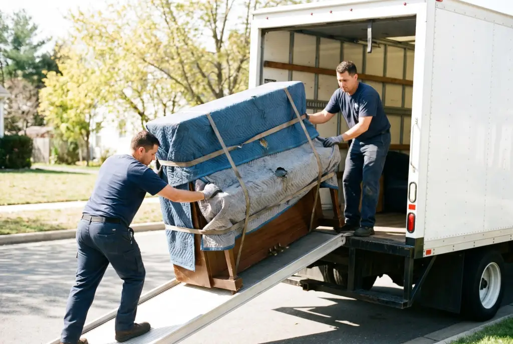 Professional movers loading a wrapped upright piano up a ramp into a clean moving truck in Lubbock
