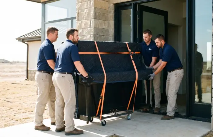 Professional piano movers in matching uniforms carefully moving an upright piano on a piano dolly with straps out of a modern Lubbock home on a bright day