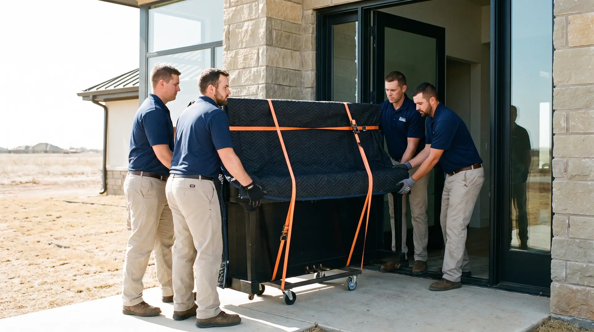 Professional piano movers in matching uniforms carefully moving an upright piano on a piano dolly with straps out of a modern Lubbock home on a bright day