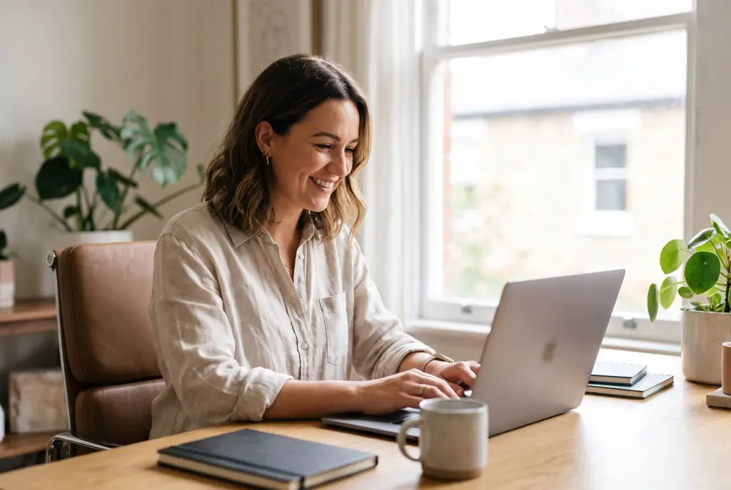 Lubbock marketer thoughtfully responding to online reviews for a local business on a laptop in a bright office, screen blurred with no readable text