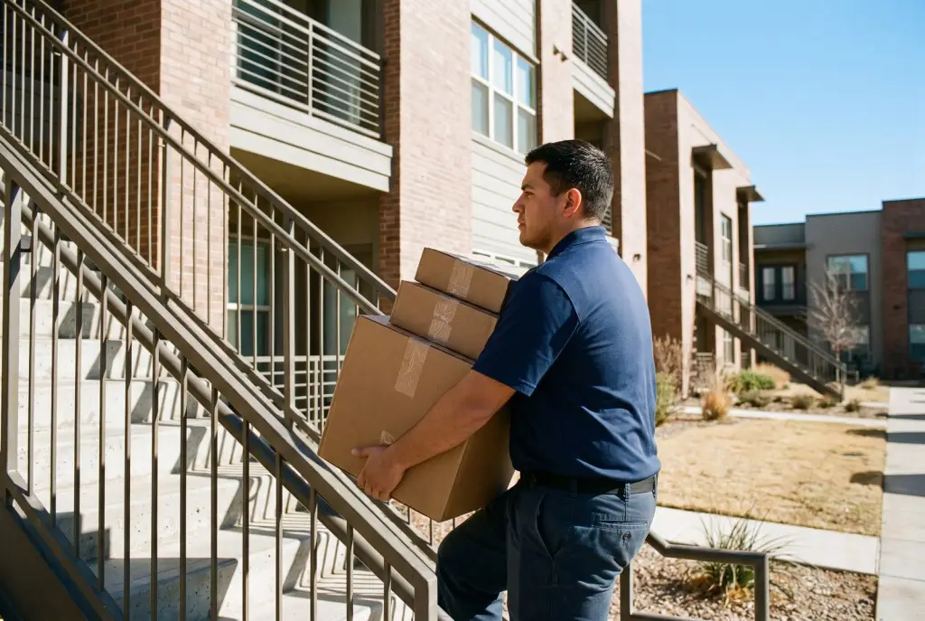 Apartment movers in Lubbock carrying labeled boxes up an exterior apartment staircase