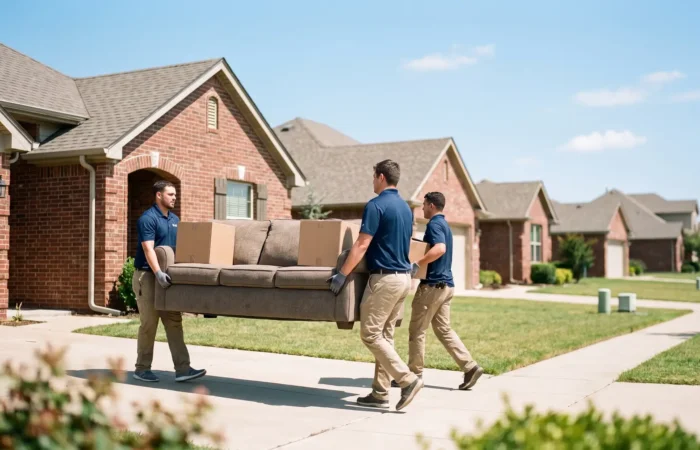 Residential movers in Lubbock carrying furniture and boxes into a modern brick family home on a sunny day
