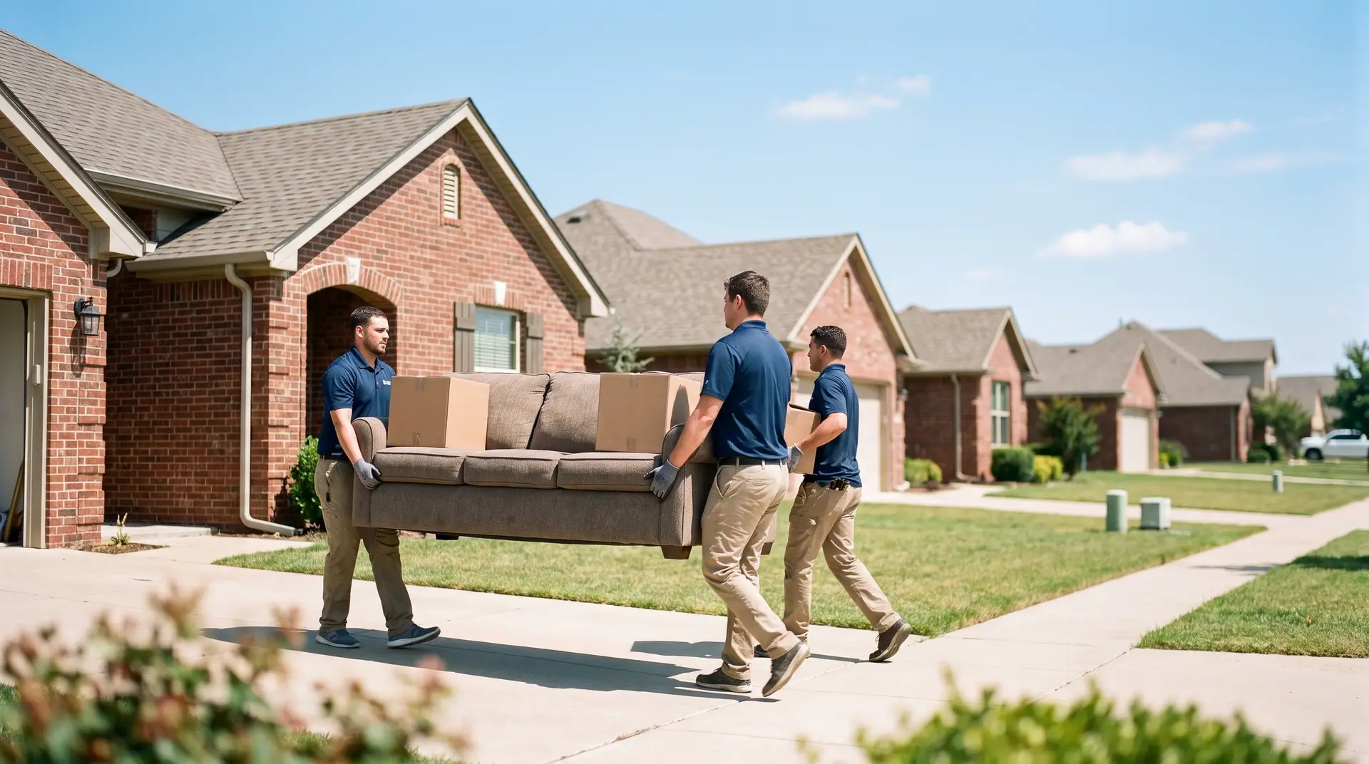 Residential movers in Lubbock carrying furniture and boxes into a modern brick family home on a sunny day