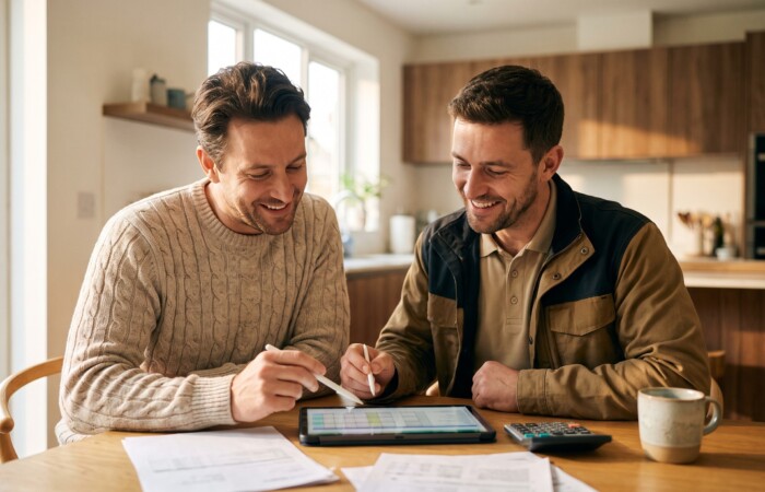 Contractor reviewing roof financing in Lubbock options on a tablet with a homeowner beside a modern brick home