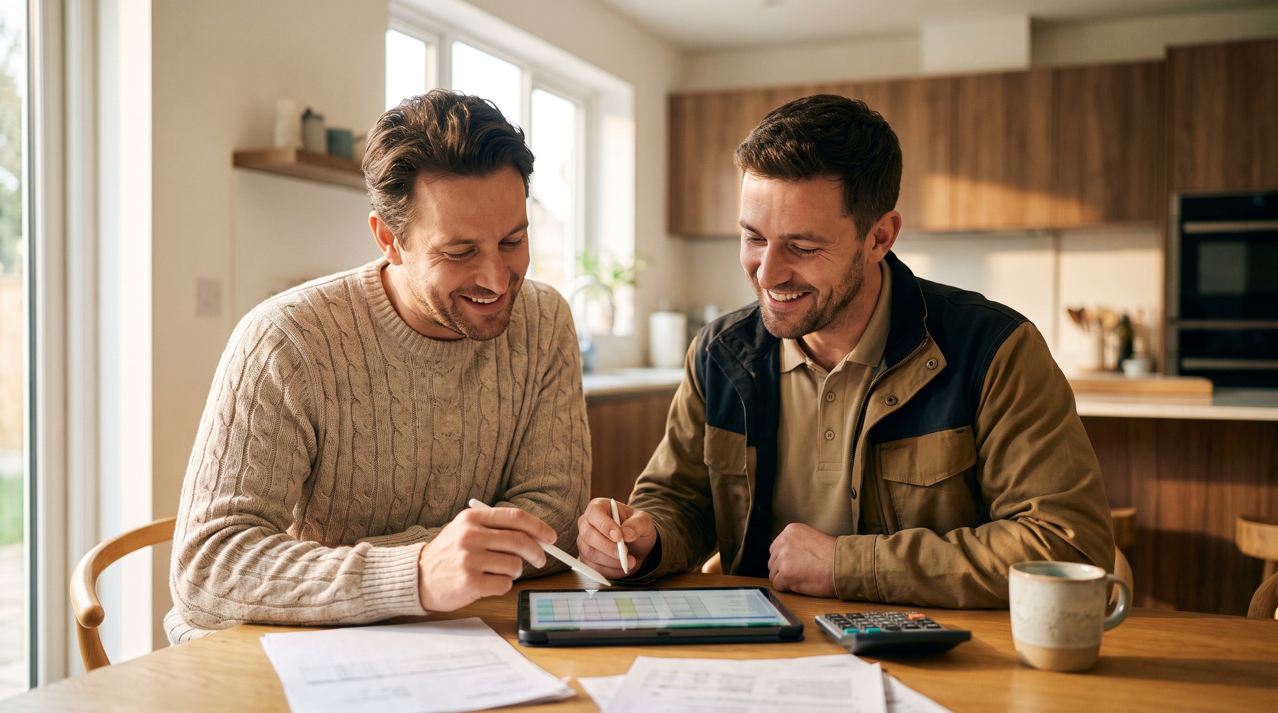 Contractor reviewing roof financing in Lubbock options on a tablet with a homeowner beside a modern brick home