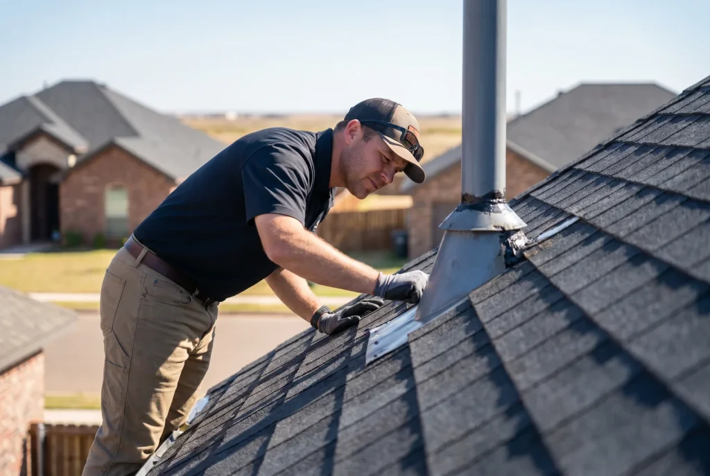 Roofer examining chimney flashing during a professional roof inspection on a Lubbock brick home