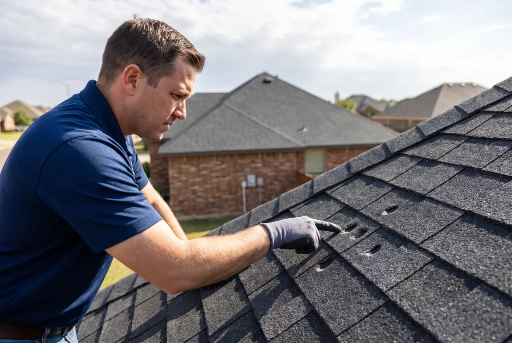 A roof inspection in Lubbock after a spring hailstorm, an inspector pointing to fresh hail bruising on light shingles