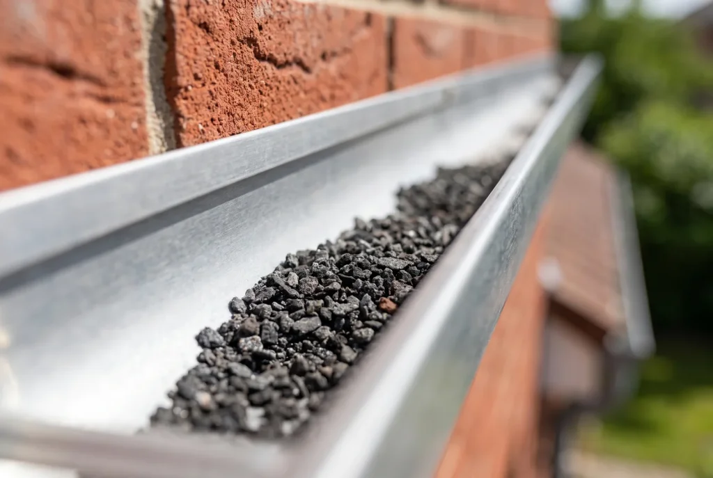 Loose shingle granules gathered in a home gutter, an early warning sign flagged during a roof inspection