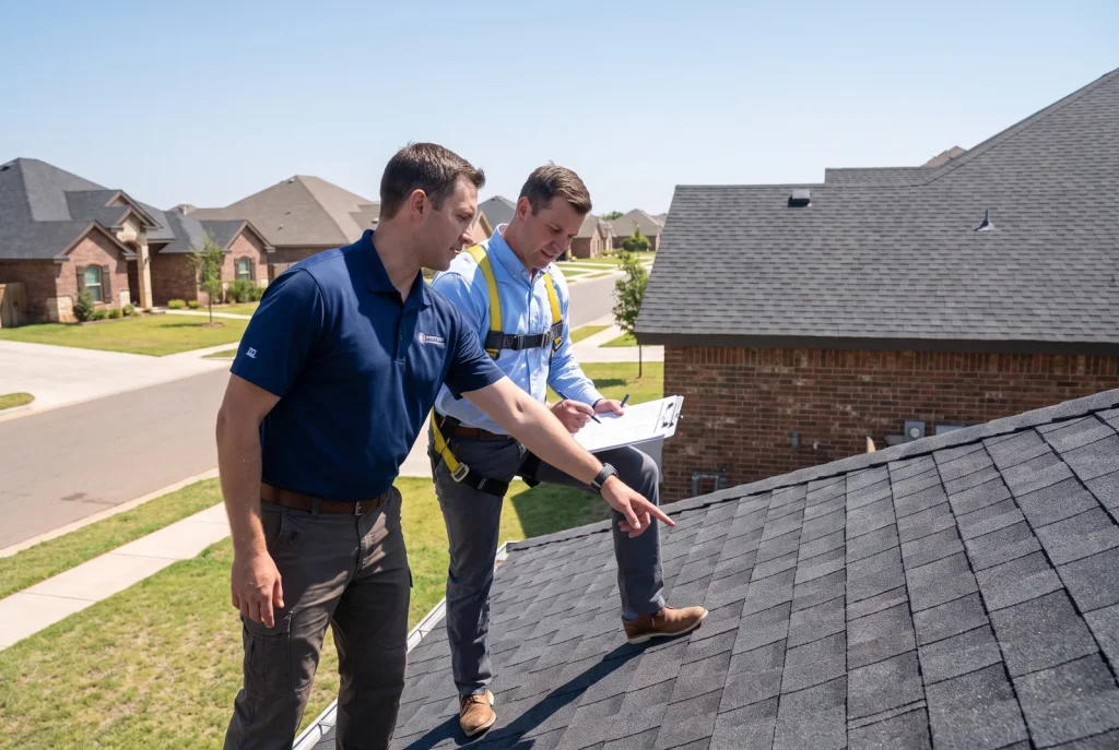 A local roofer and insurance adjuster reviewing hail damage together on a Lubbock rooftop