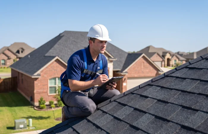 Professional roofer performing a roof inspection in Lubbock on a sunny brick home under a clear West Texas sky