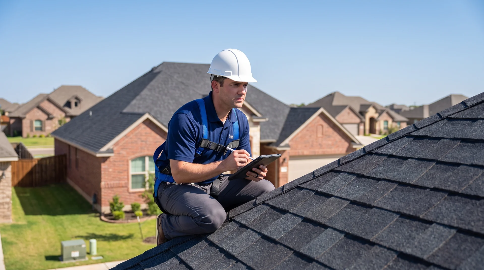 Professional roofer performing a roof inspection in Lubbock on a sunny brick home under a clear West Texas sky