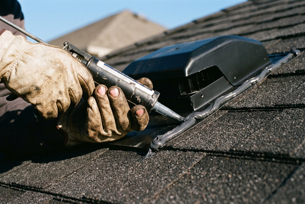 Roofer replacing a worn pipe boot to fix a roof leak on a modern Lubbock home