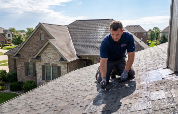 Roofer tracing a roof leak repair in Lubbock across the shingles of a modern brick home under a clear blue sky