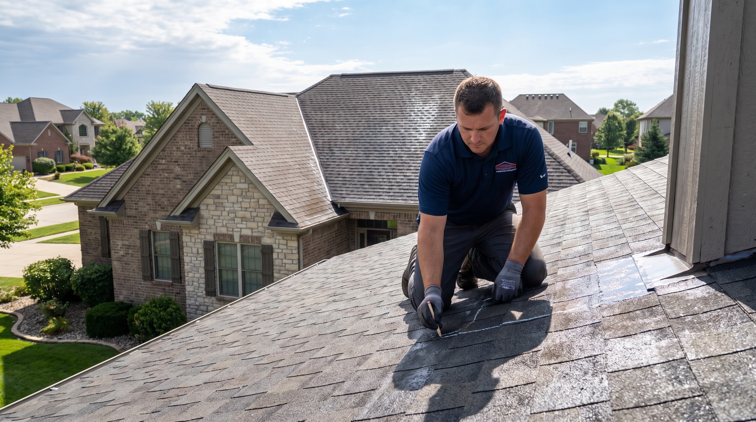 Roofer tracing a roof leak repair in Lubbock across the shingles of a modern brick home under a clear blue sky