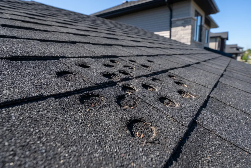 Hail-damaged asphalt shingles on a Lubbock home roof under a bright blue sky