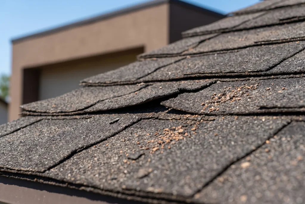 Warning signs of roof repair in Lubbock shown by curled shingles losing granules