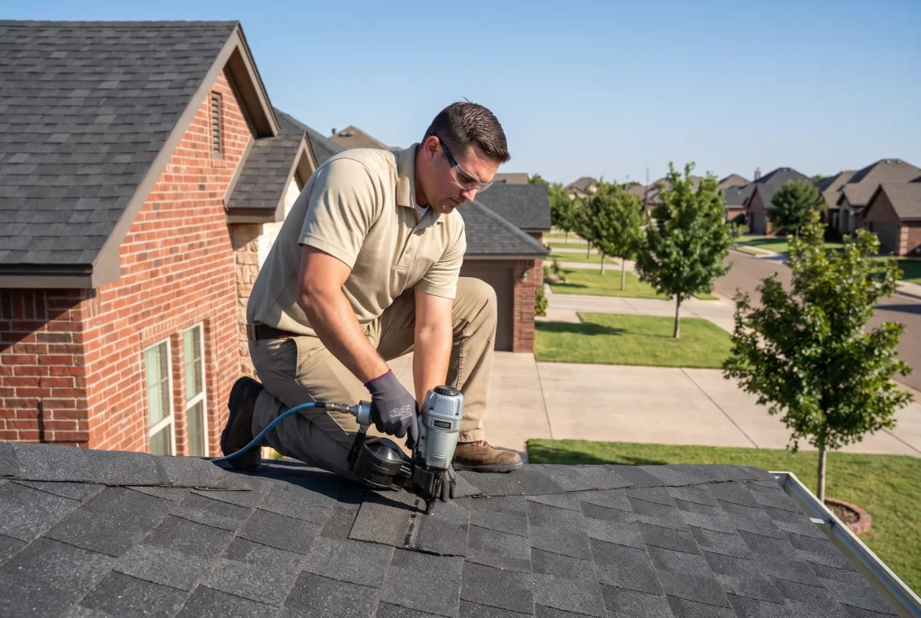 Roofer completing a shingle roof repair in Lubbock on a bright sunny day