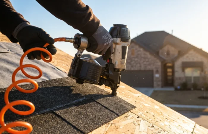 Roof repair in Lubbock guide showing a sunlit West Texas home with a clean shingle roof
