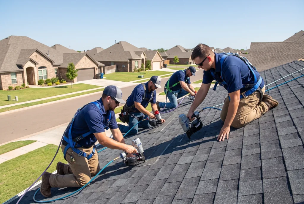 Roofing crew finishing a roof replacement in Lubbock on a tan-brick home under a bright blue West Texas sky